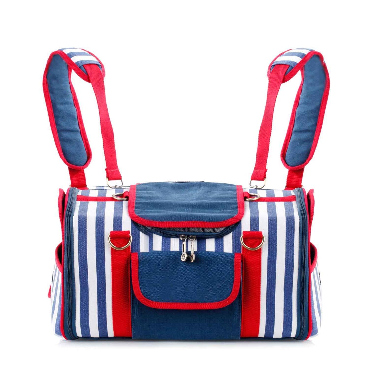 Striped Pet Carrier Bag Canvas Travel Tote with Breathable Mesh