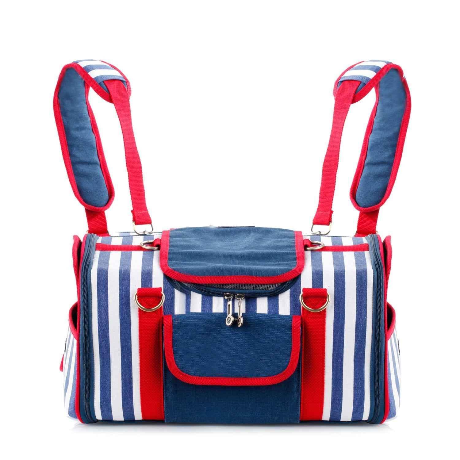 Striped Pet Carrier Bag Canvas Travel Tote with Breathable Mesh - GiFTiFY