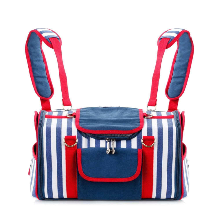 Striped Pet Carrier Bag Canvas Travel Tote with Breathable Mesh - GiFTiFY