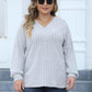 Plus Size Ribbed V-Neck Long Sleeve Top - GiFTiFY