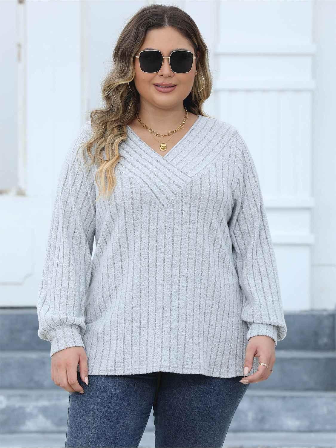 Plus Size Ribbed V-Neck Long Sleeve Top - GiFTiFY