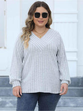 Plus Size Ribbed V-Neck Long Sleeve Top - GiFTiFY