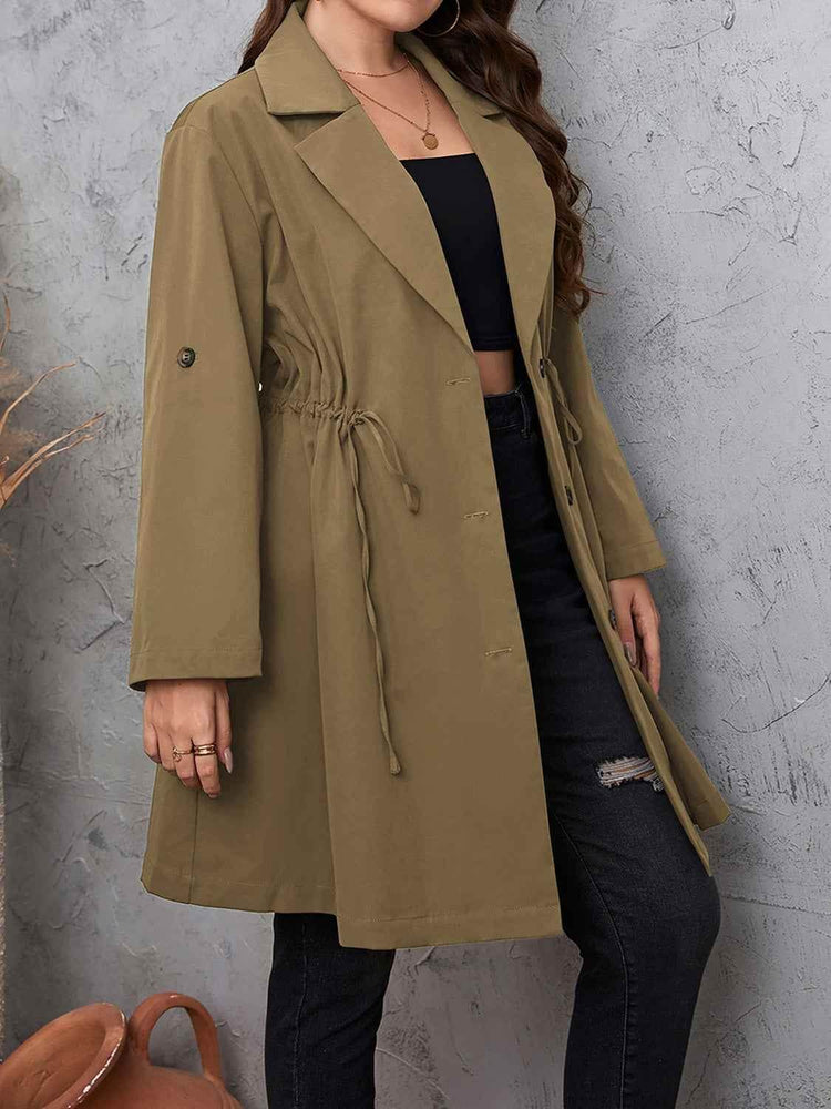 Honey Plus Size Lapel Collar Drawstring Roll-Tab Sleeve Trench Coat - GiFTiFY