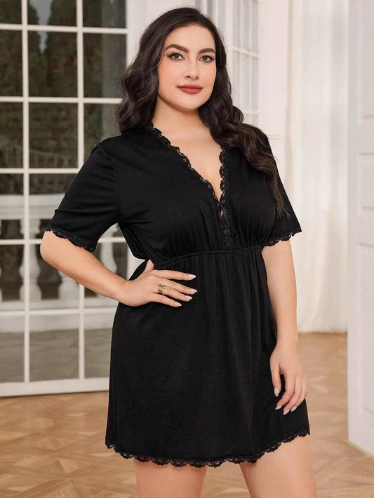 Plus Size Lace Trim Deep V Night Dress - GiFTiFY