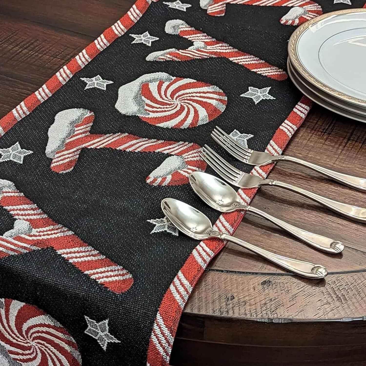 DaDa Bedding Peppermint Joy Red Black Holiday Tapestry Dining Table Runner (12904) - GiFTiFY
