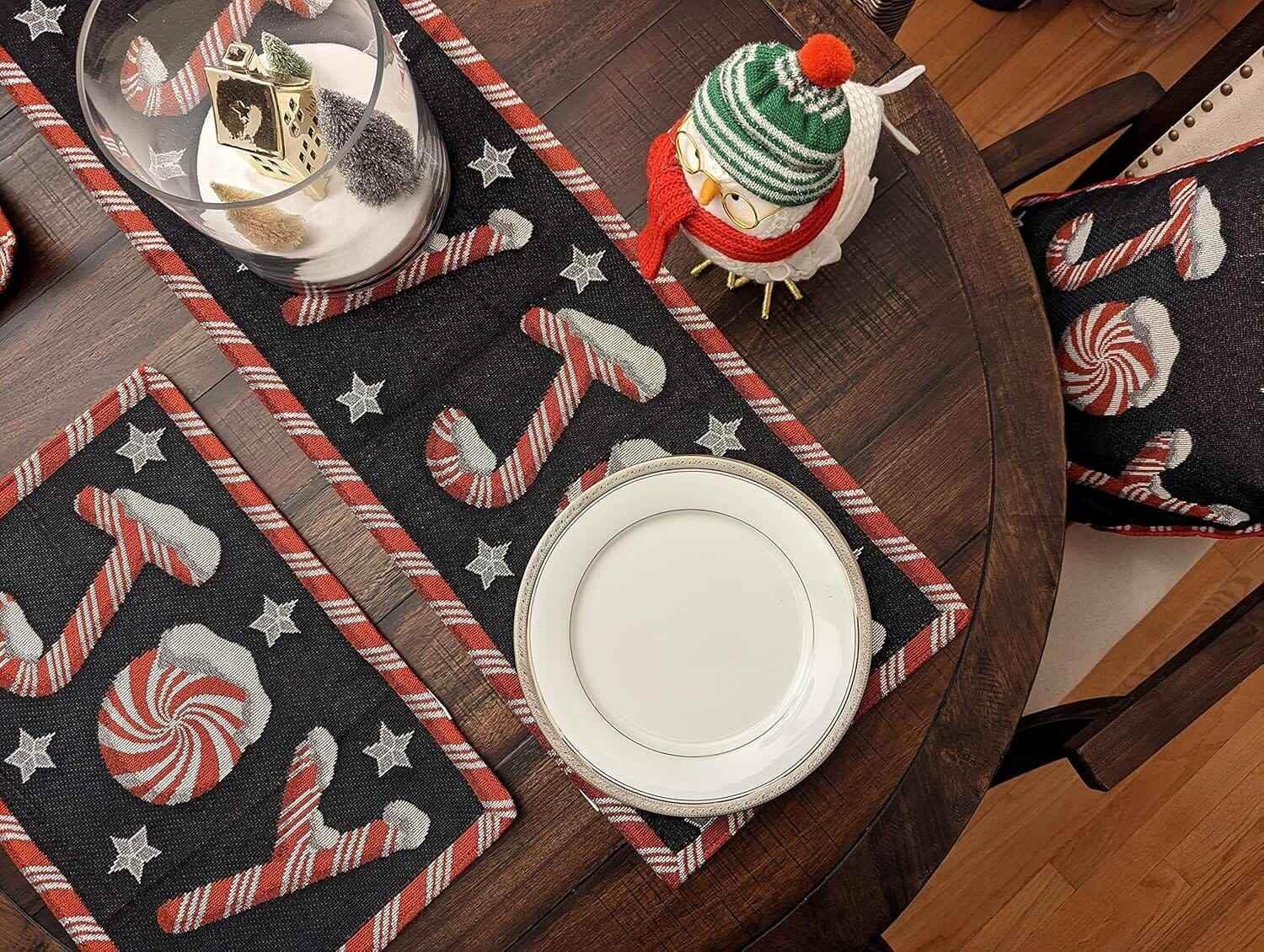 DaDa Bedding Peppermint Joy Red Black Holiday Tapestry Dining Table Runner (12904) - GiFTiFY