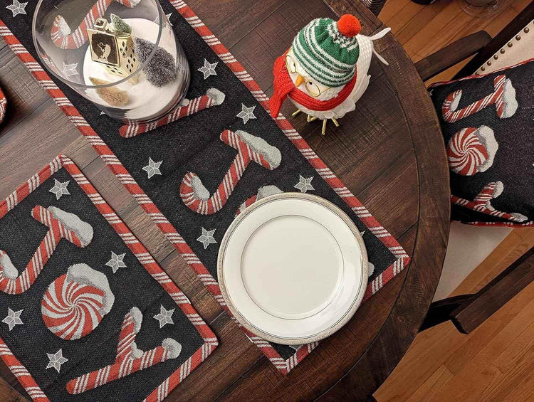 DaDa Bedding Peppermint Joy Red Black Holiday Tapestry Dining Table Runner (12904) - GiFTiFY