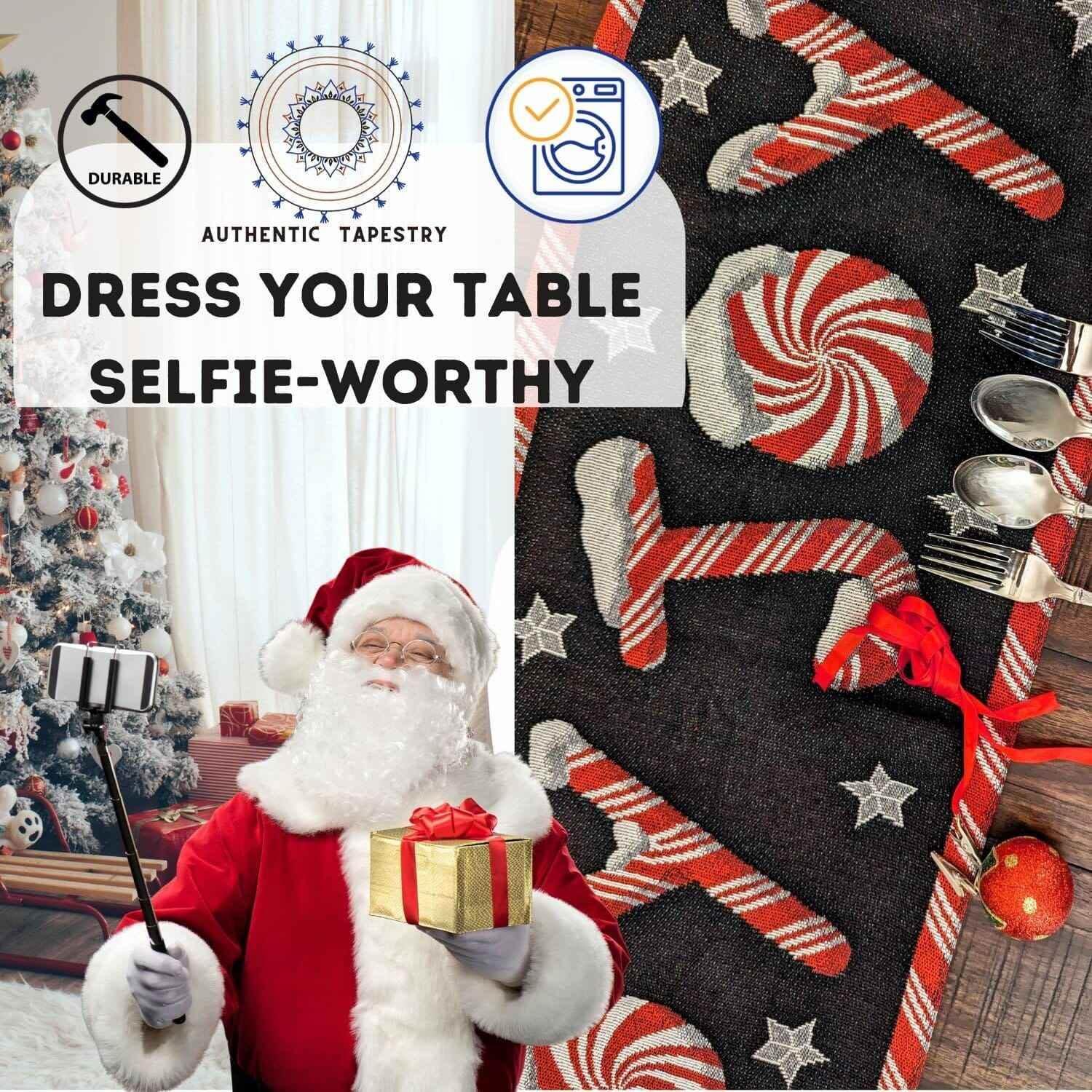 DaDa Bedding Peppermint Joy Red Black Holiday Tapestry Dining Table Runner (12904) - GiFTiFY