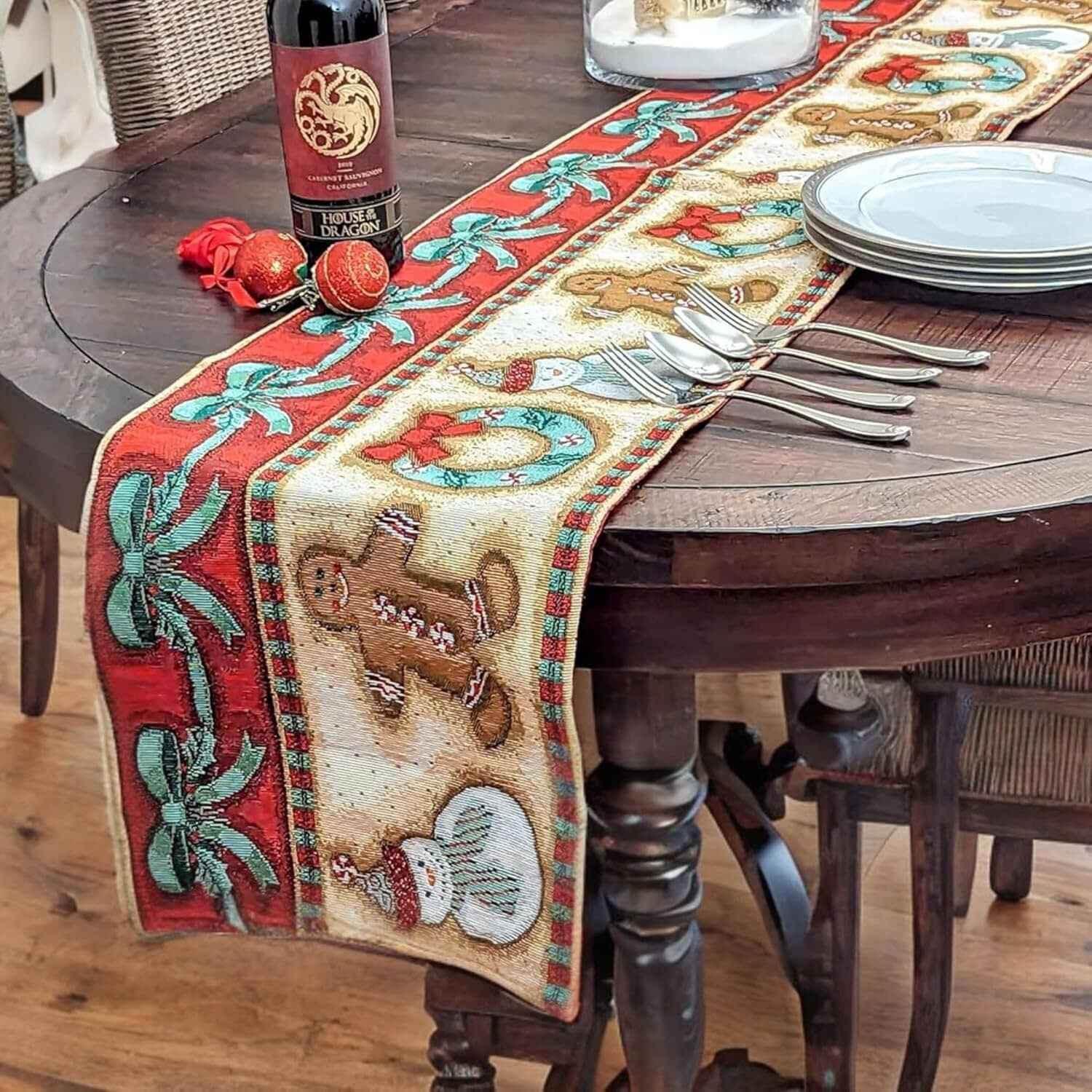 DaDa Bedding Gingerbread Snowman Holiday Woven Tapestry Dining Table Runner (12917) - GiFTiFY