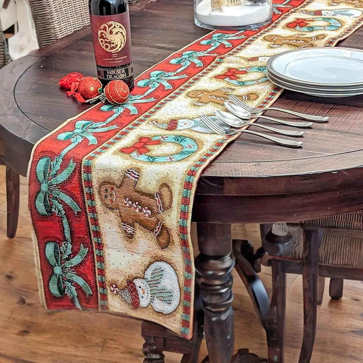 DaDa Bedding Gingerbread Snowman Holiday Woven Tapestry Dining Table Runner (12917) - GiFTiFY