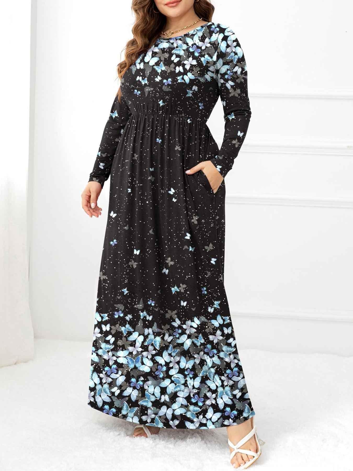Plus Size Round Neck Maxi Dress with Pockets - GiFTiFY