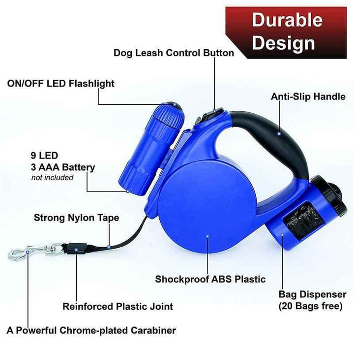 Nightwalk 4.5M Led Light And Waste Bag Dispenser Retractable Dog Leash - GiFTiFY