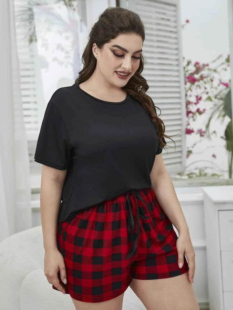 Plus Size Round Neck Tee Shirt and Plaid Shorts Lounge Set - GiFTiFY