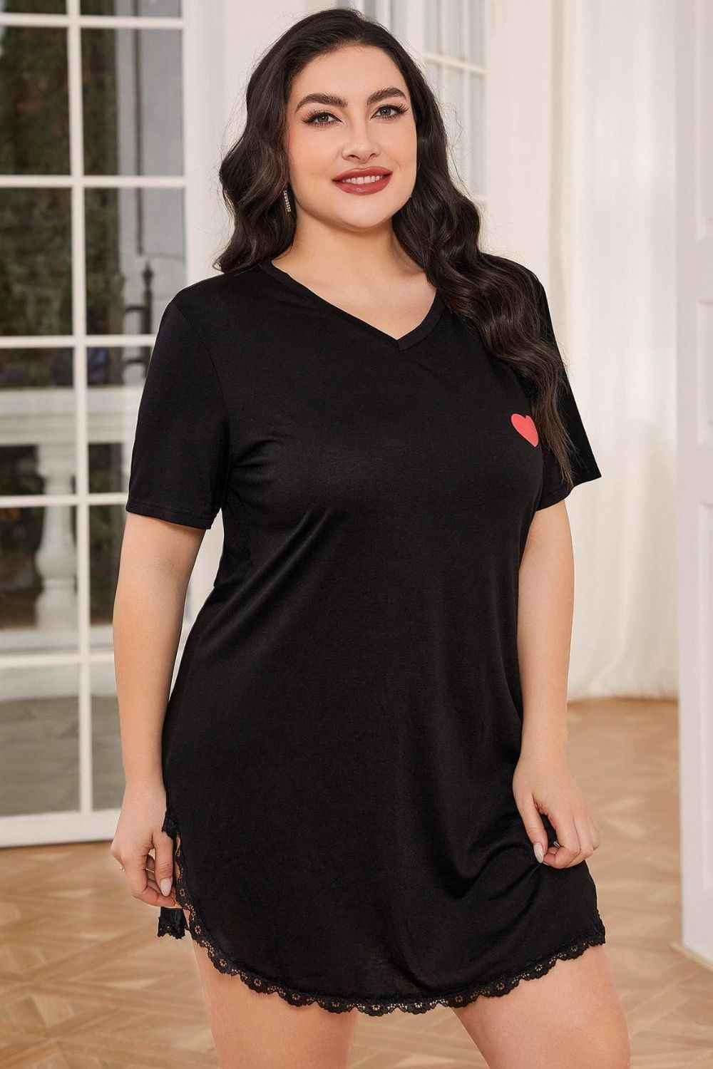 Plus Size Lace Trim V-Neck Short Sleeve Night Dress - GiFTiFY