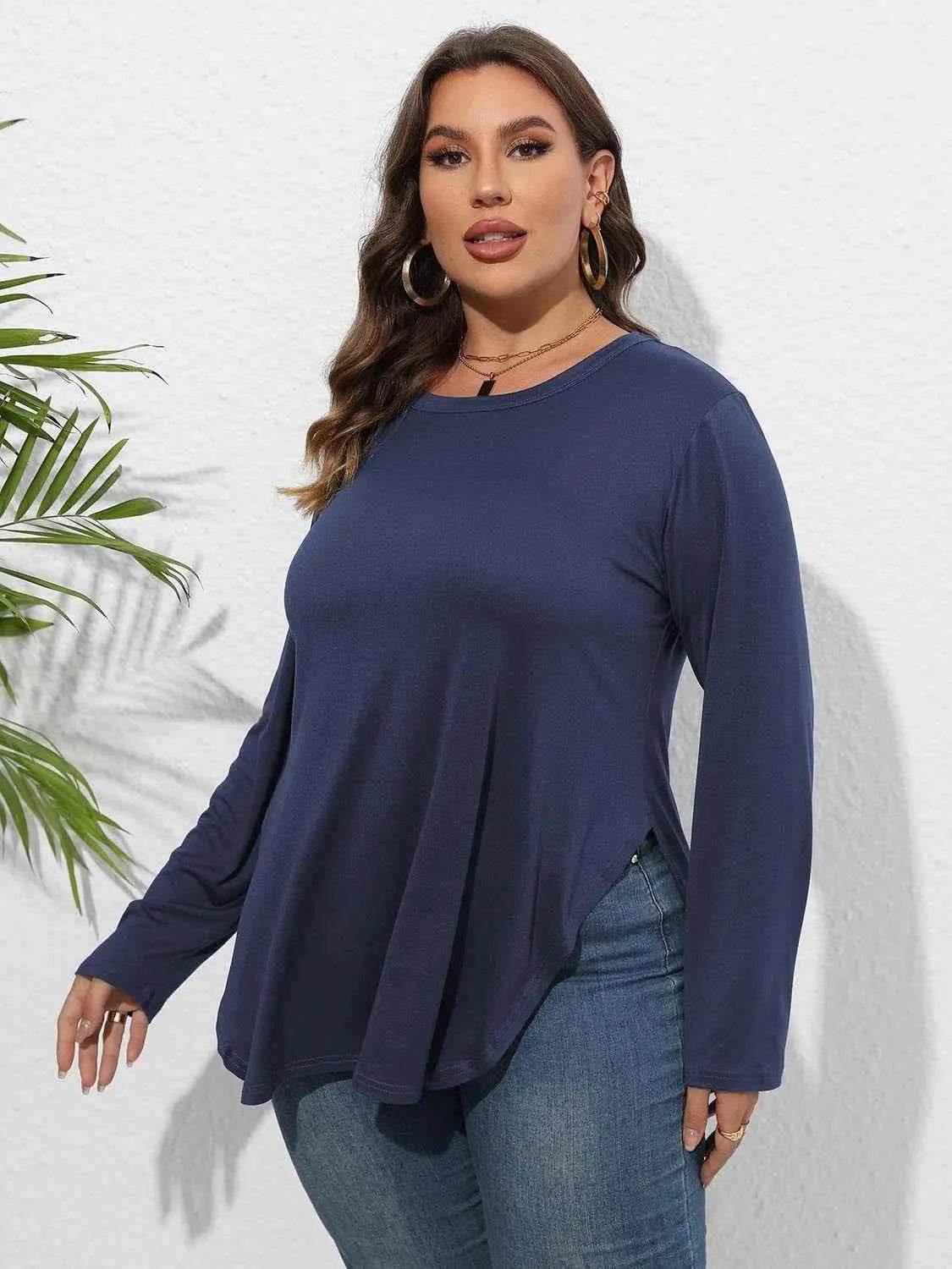 Plus Size Round Neck Long Sleeve Slit T-Shirt - GiFTiFY
