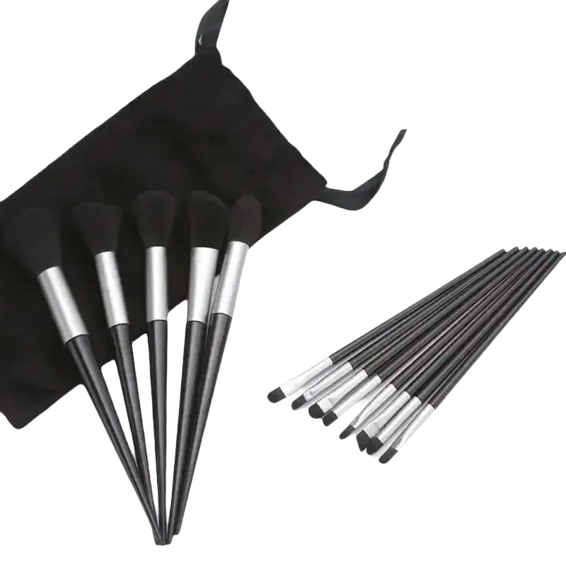 Makeup brush set with black carrying case.