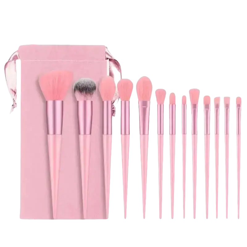 Pink makeup brush set with carrying pouch.