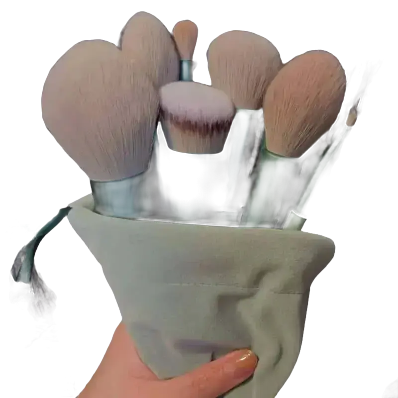 Makeup brushes in a soft pouch.