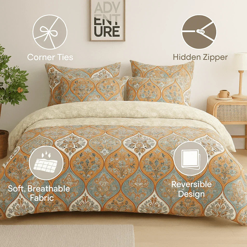 DaDalogy Bedding Bohemian Duvet Cover w/Pillow Cases - Reversible Coral Teal Floral Paisley Botanical Garden Party - Bright Vibrant Multi-Colorful Blue Salmon Pink Duvet Covers