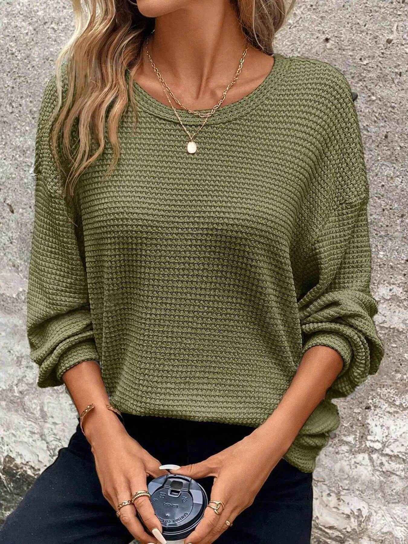 Plus Size Relaxed Fit Waffle Knit Round Neck T-Shirt - GiFTiFY