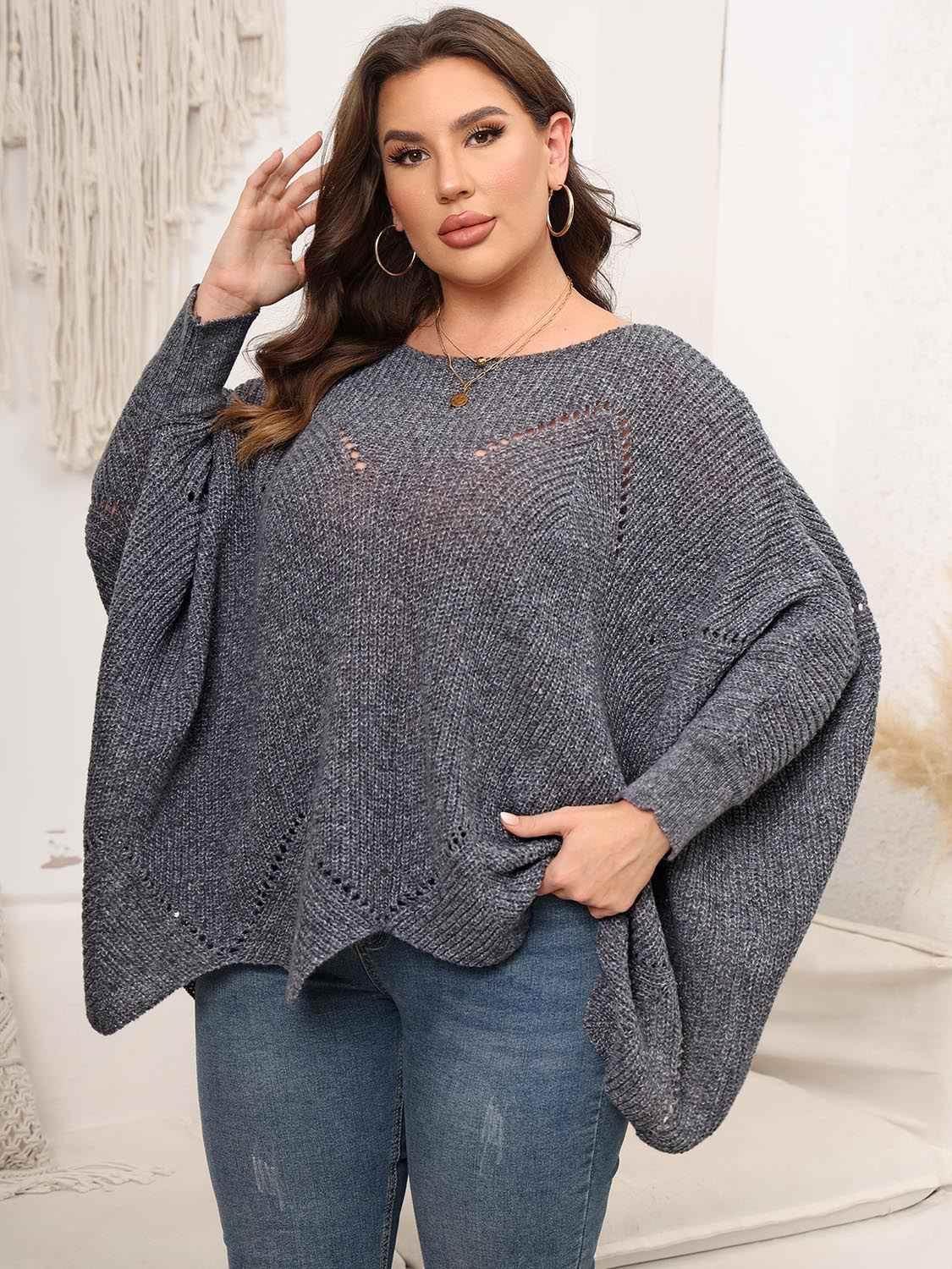 Plus Size Round Neck Batwing Sleeve Sweater - GiFTiFY