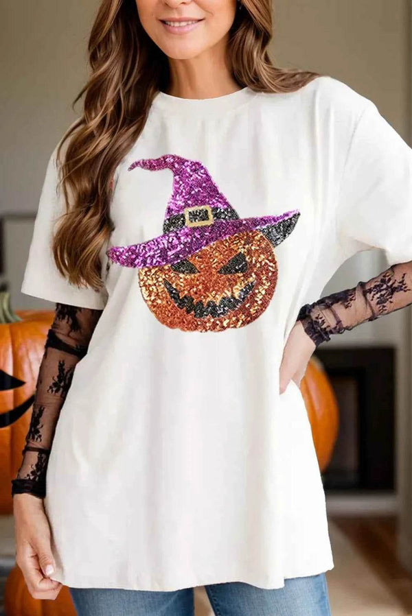 Sequin Pumpkin Round Neck Short Sleeve T-Shirt - GiFTiFY