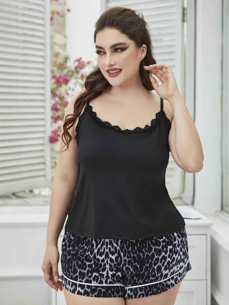 Plus Size Lace Trim Scoop Neck Cami and Printed Shorts Pajama Set - GiFTiFY