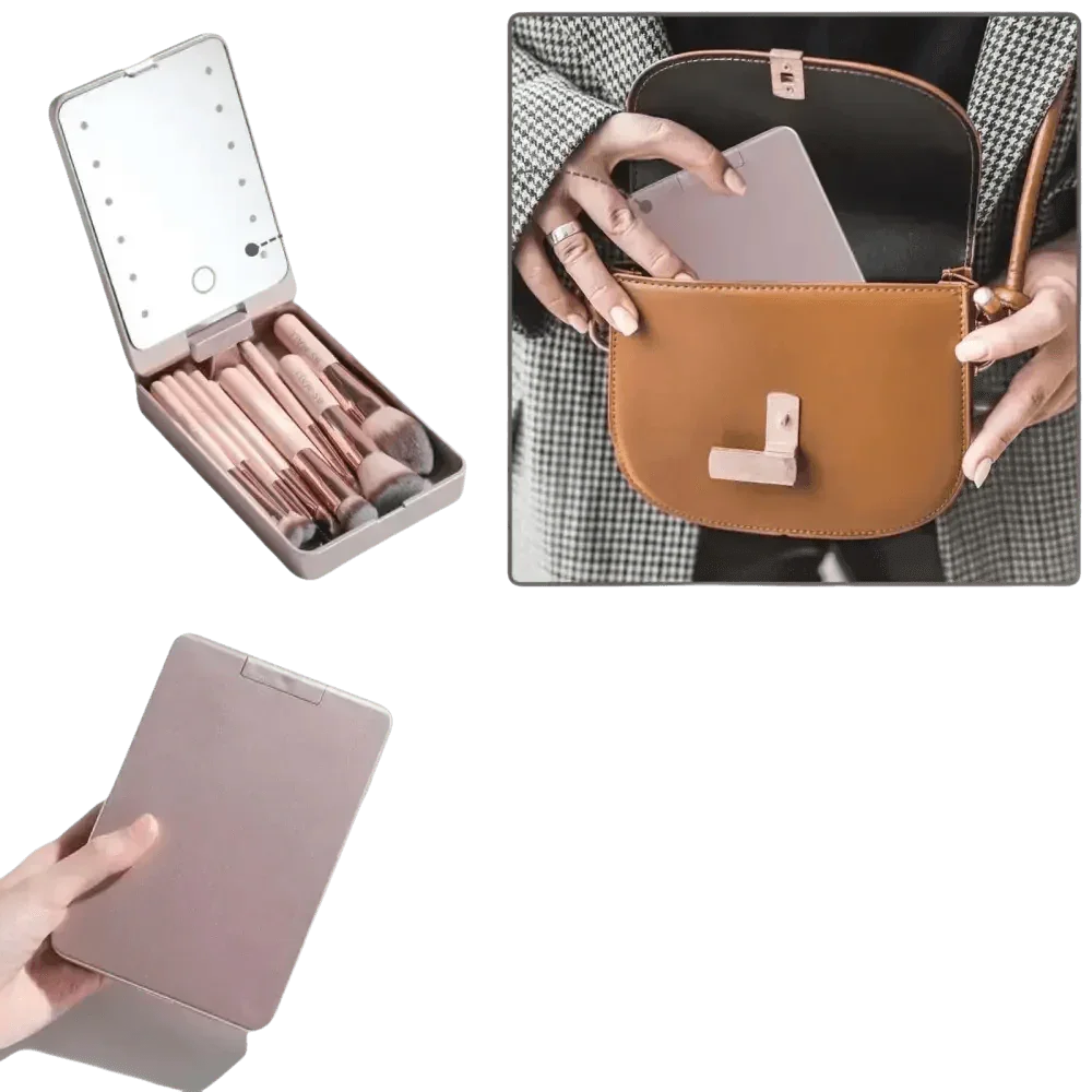 14pcs Travel Makeup Brush Set with LED Light Mirror - GiFTiFY