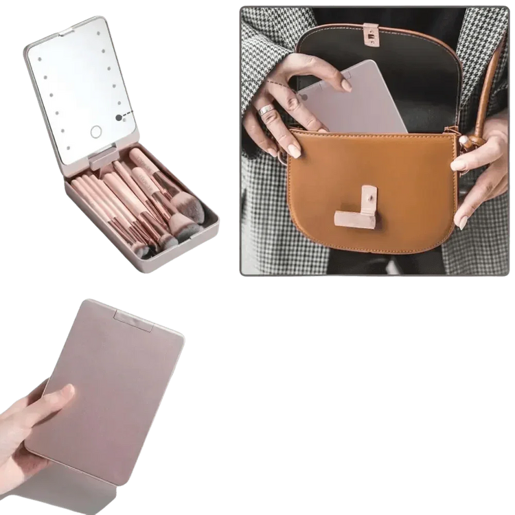 14pcs Travel Makeup Brush Set with LED Light Mirror - GiFTiFY