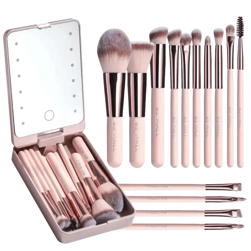 14pcs Travel Makeup Brush Set with LED Light Mirror - GiFTiFY