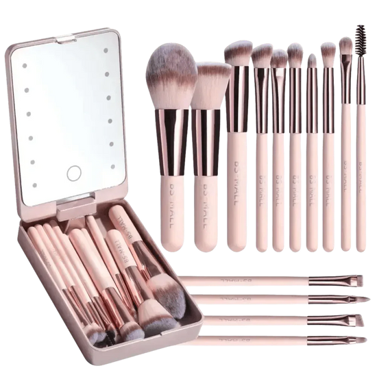 14pcs Travel Makeup Brush Set with LED Light Mirror - GiFTiFY