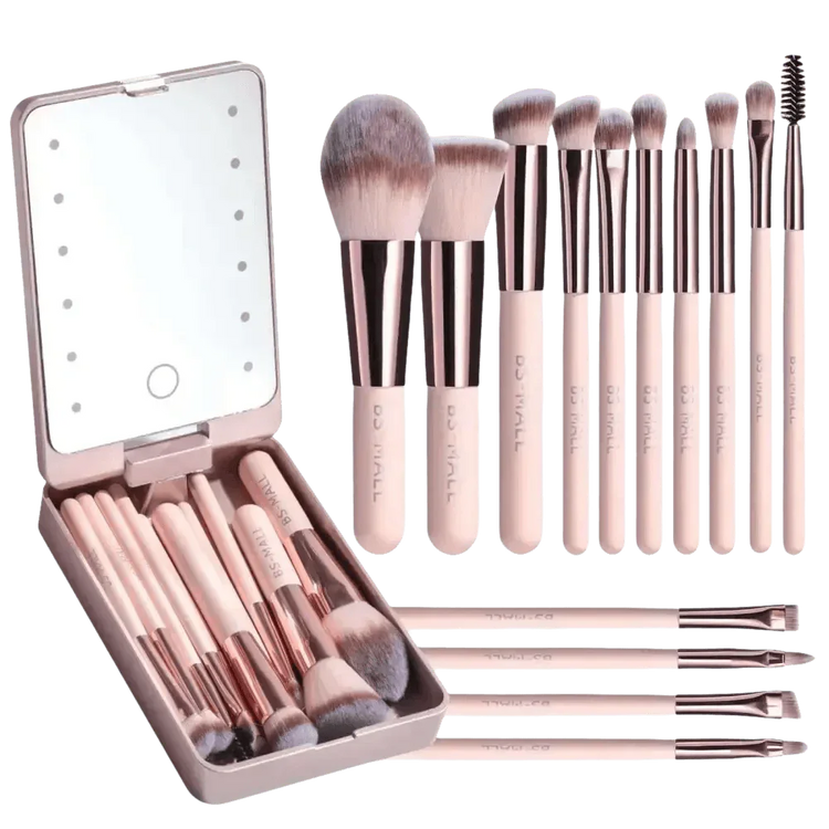14pcs Travel Makeup Brush Set with LED Light Mirror - GiFTiFY