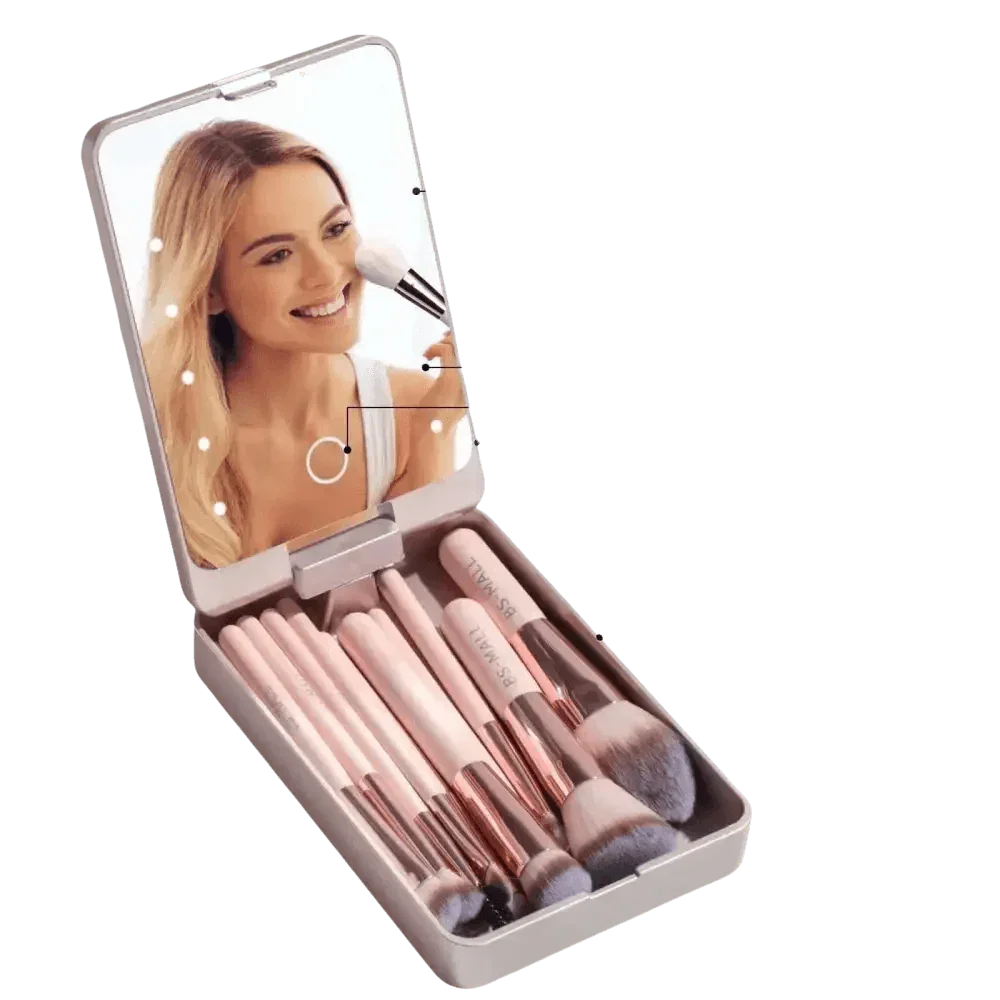 14pcs Travel Makeup Brush Set with LED Light Mirror - GiFTiFY