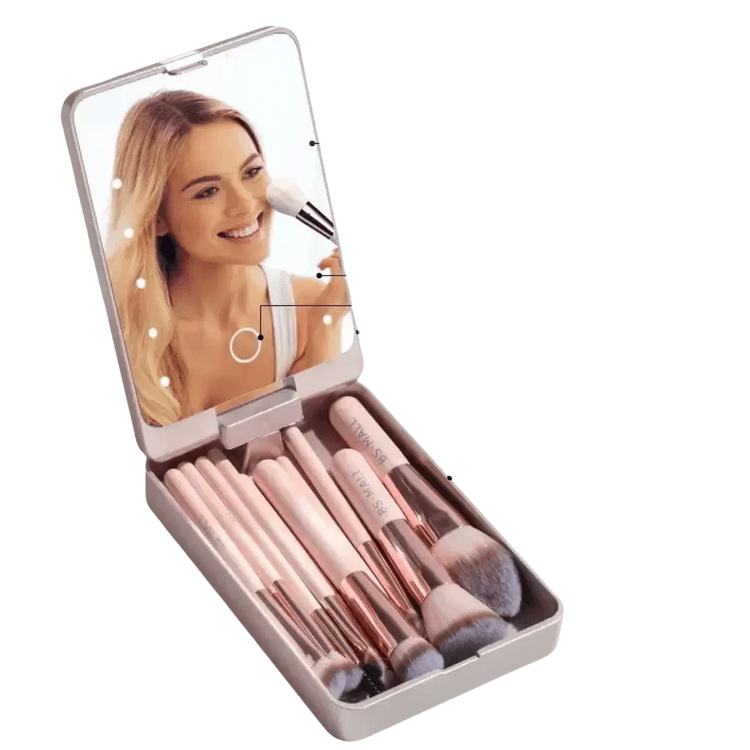 14pcs Travel Makeup Brush Set with LED Light Mirror - GiFTiFY