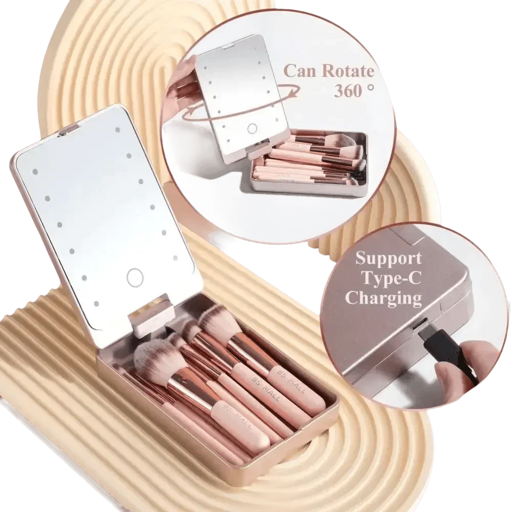 14pcs Travel Makeup Brush Set with LED Light Mirror - GiFTiFY