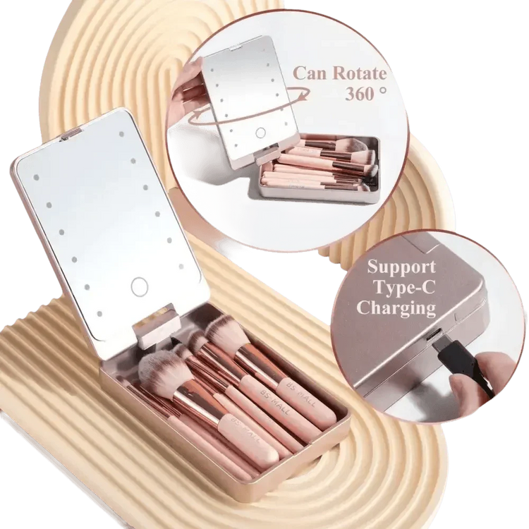 14pcs Travel Makeup Brush Set with LED Light Mirror - GiFTiFY