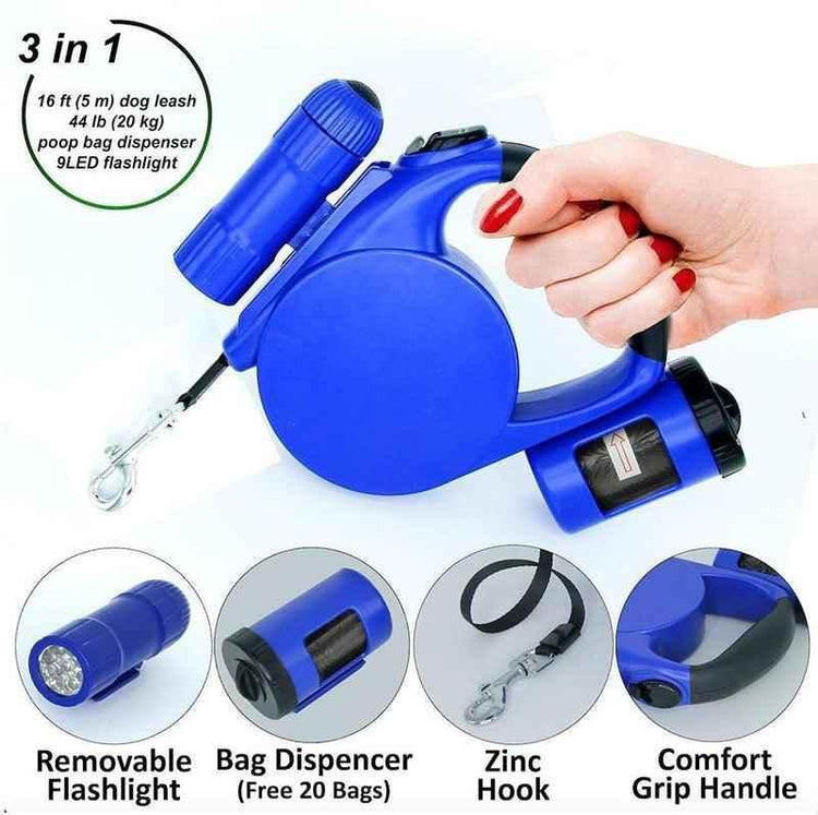 Nightwalk 4.5M Led Light And Waste Bag Dispenser Retractable Dog Leash - GiFTiFY