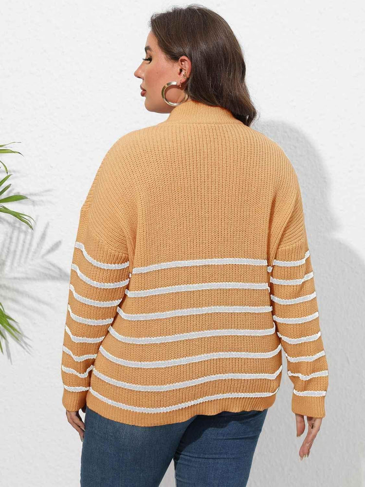 Plus Size Zip-Up Striped Sweater - GiFTiFY