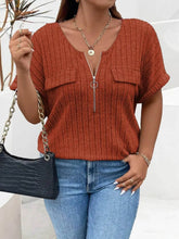 Plus Size Ribbed Half Zip Relaxed Fit T-Shirt - GiFTiFY