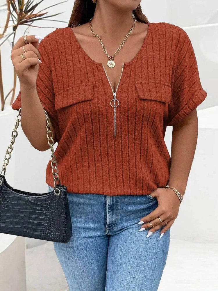 Plus Size Ribbed Half Zip Relaxed Fit T-Shirt - GiFTiFY