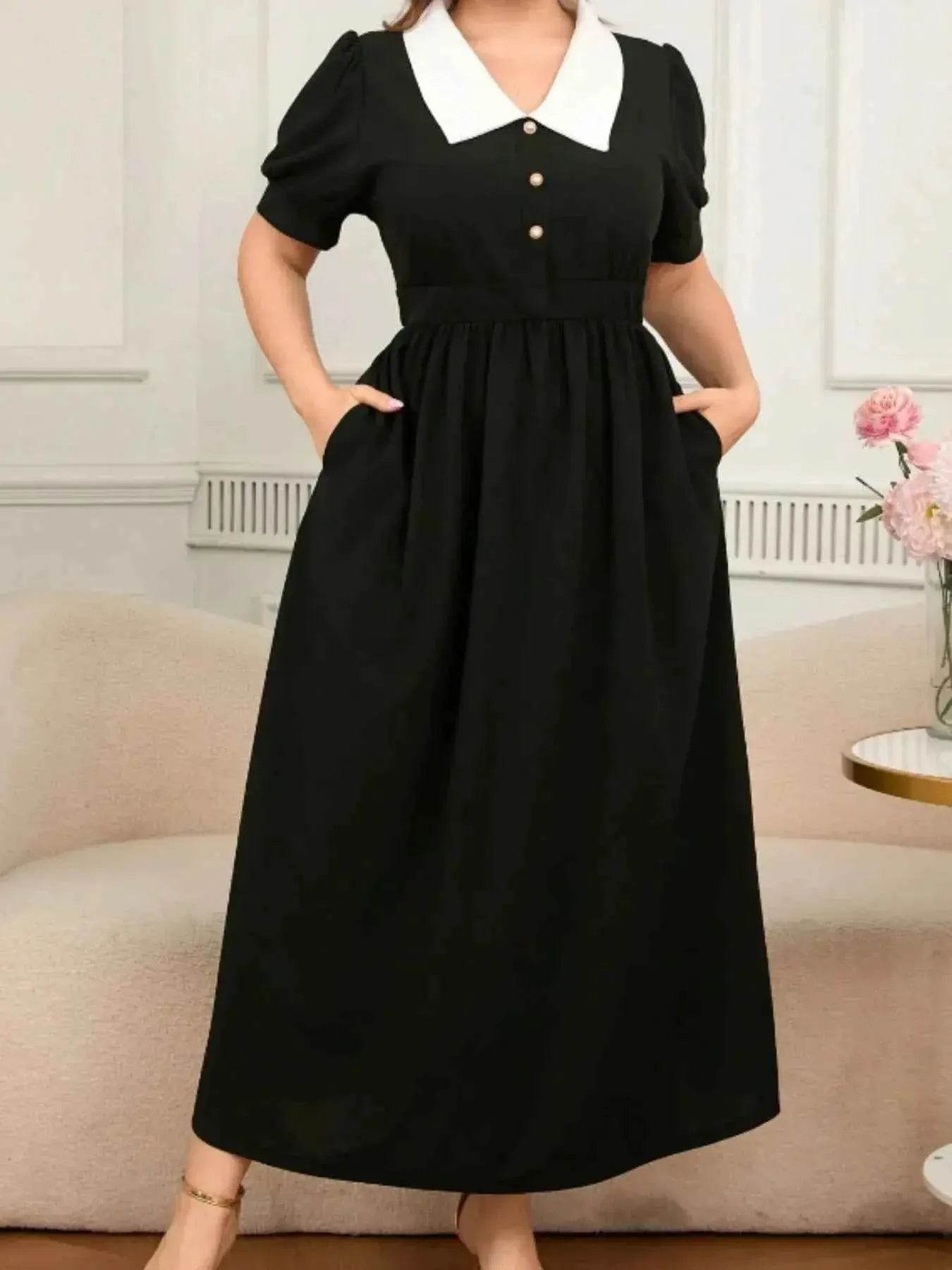 Plus Size Contrast Collar Short Sleeve Dress - GiFTiFY