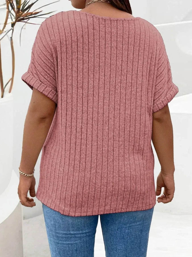 Plus Size Ribbed Half Zip Relaxed Fit T-Shirt - GiFTiFY