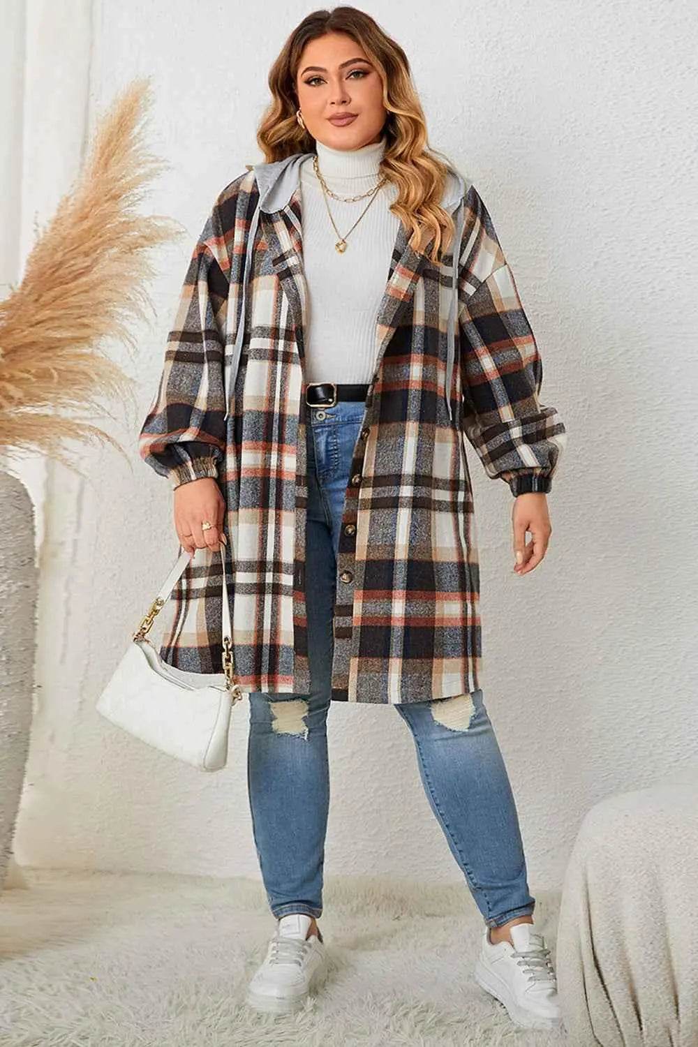 Honey Plus Size Plaid Drop Shoulder Hooded Coat - GiFTiFY