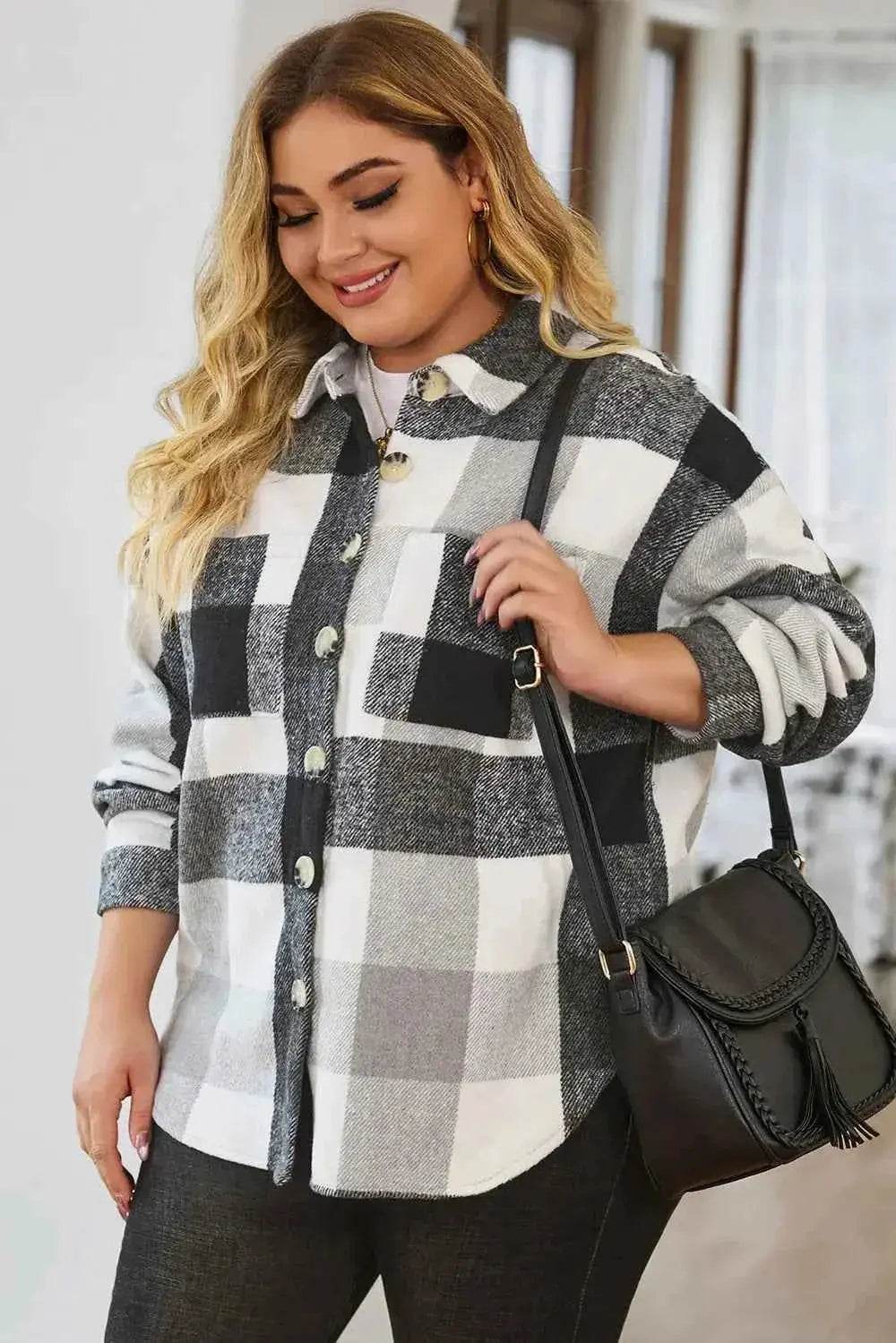 Plus Size Plaid Button Up Collared Neck Jacket - GiFTiFY