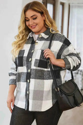 Plus Size Plaid Button Up Collared Neck Jacket - GiFTiFY