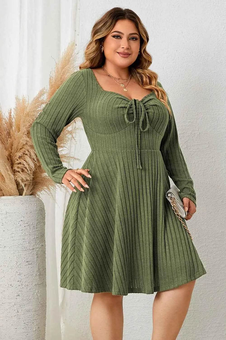 Honey Plus Size Sweetheart Neck Long Sleeve Ribbed Dress - GiFTiFY