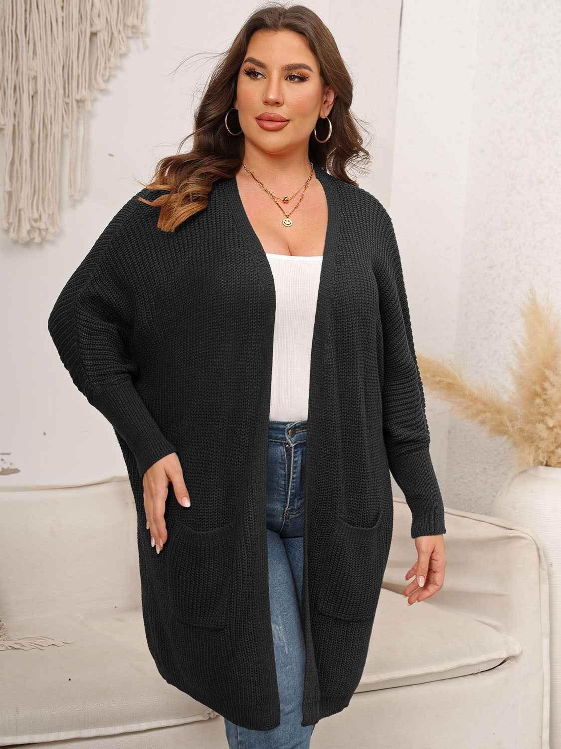 Plus Size Open Front Cardigan With Pockets - GiFTiFY