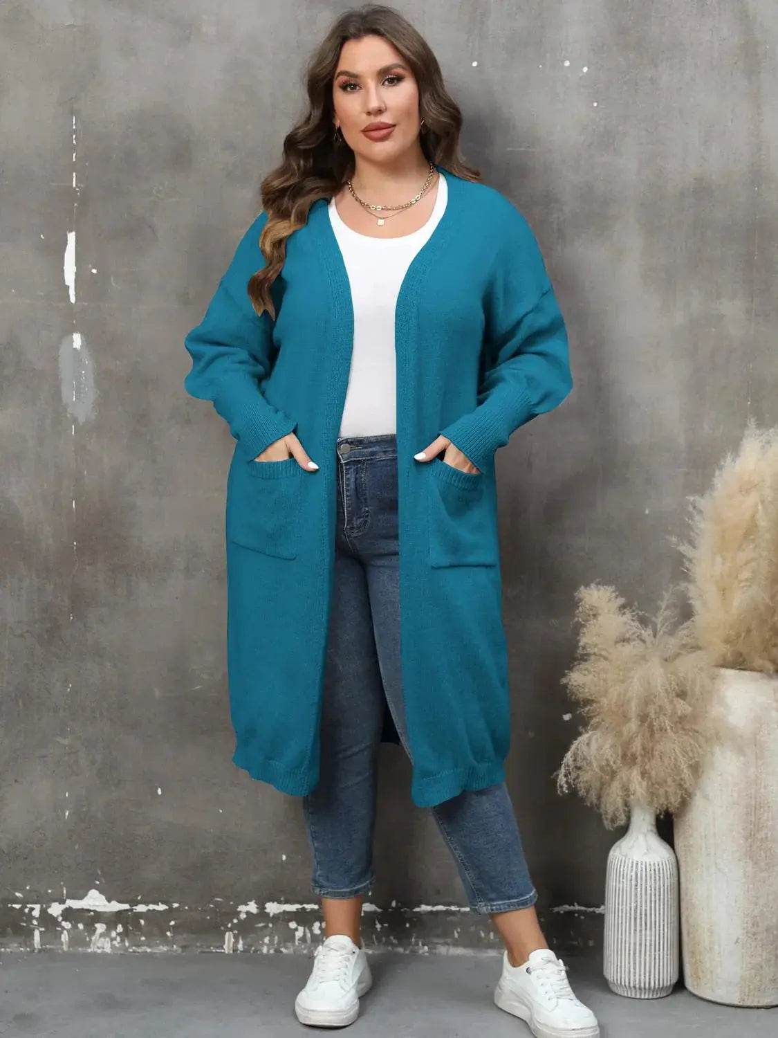 Plus Size Long Sleeve Pocketed Cardigan - GiFTiFY