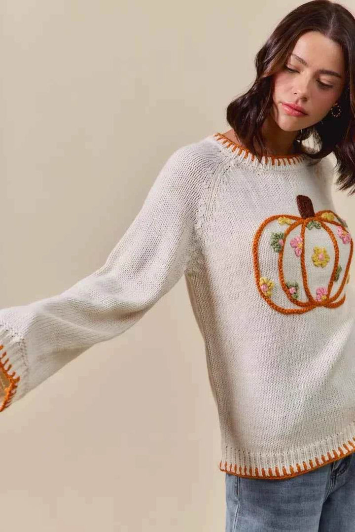 SO ME Pumpkin Floral Embroidered Thanksgiving Sweater - GiFTiFY