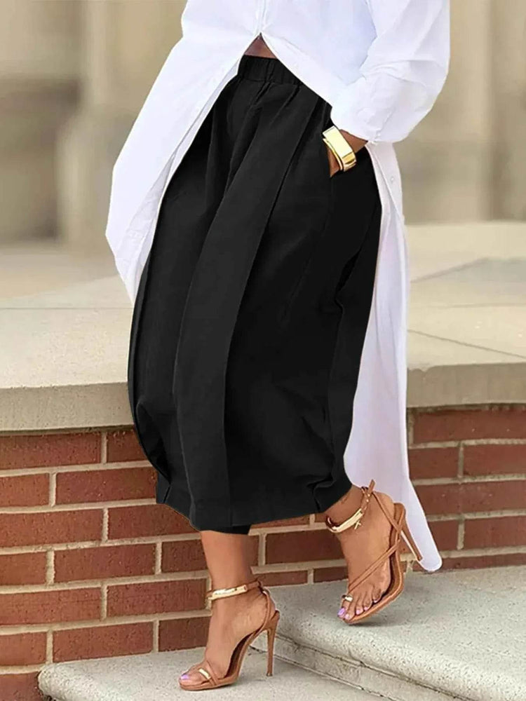 Plus Size Wide Leg Pleated Detail Cropped Pants - GiFTiFY